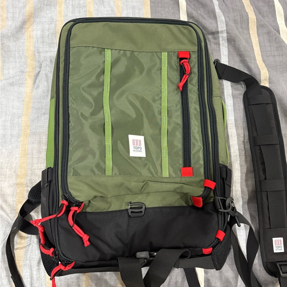 Topo Designs Olive and Black Backpack with Red Accents